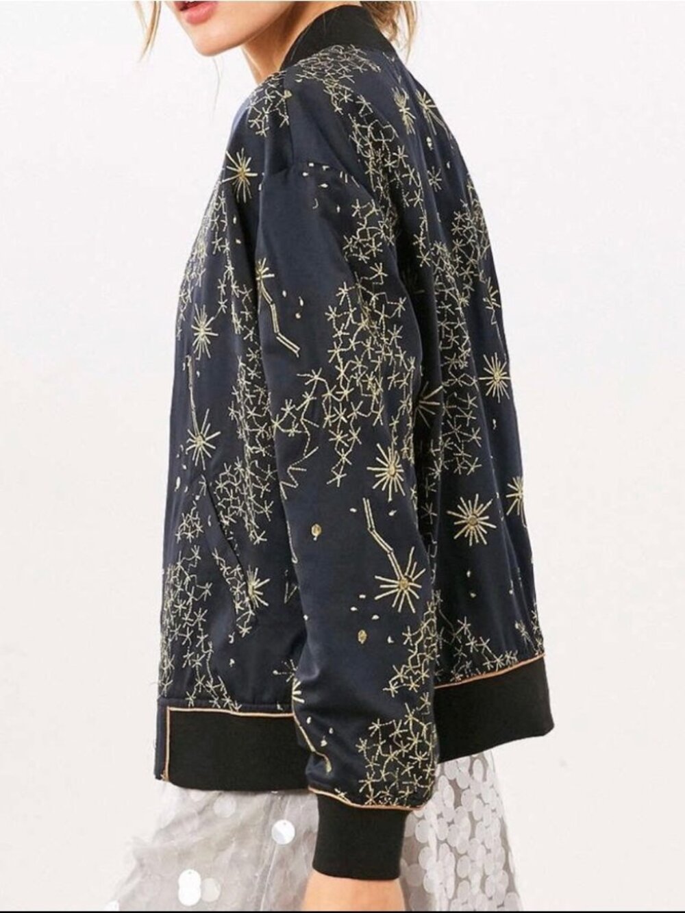 silence + noise Celestial Bomber Jacket, Navy/Gold, Size XS - Picture 2 of 4
